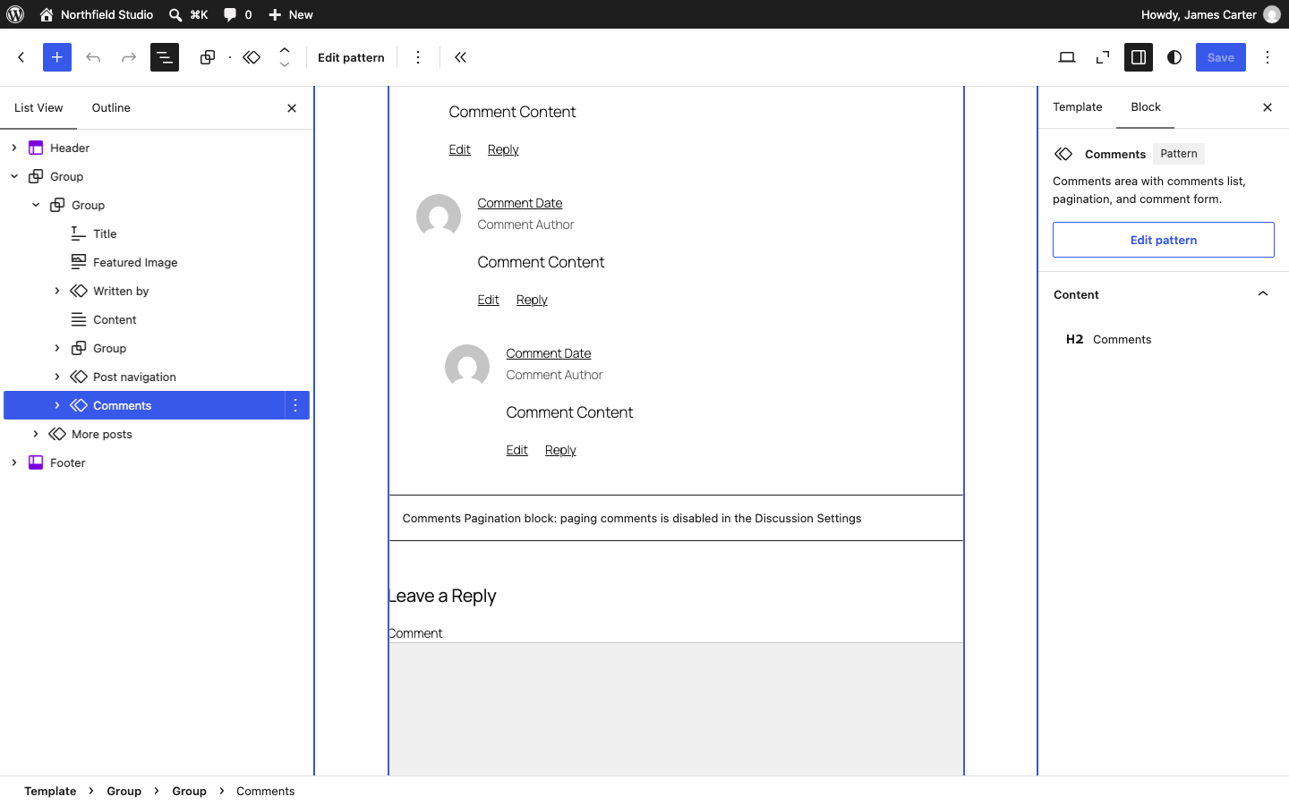 The Comments block selected in the List View of the Single Posts template