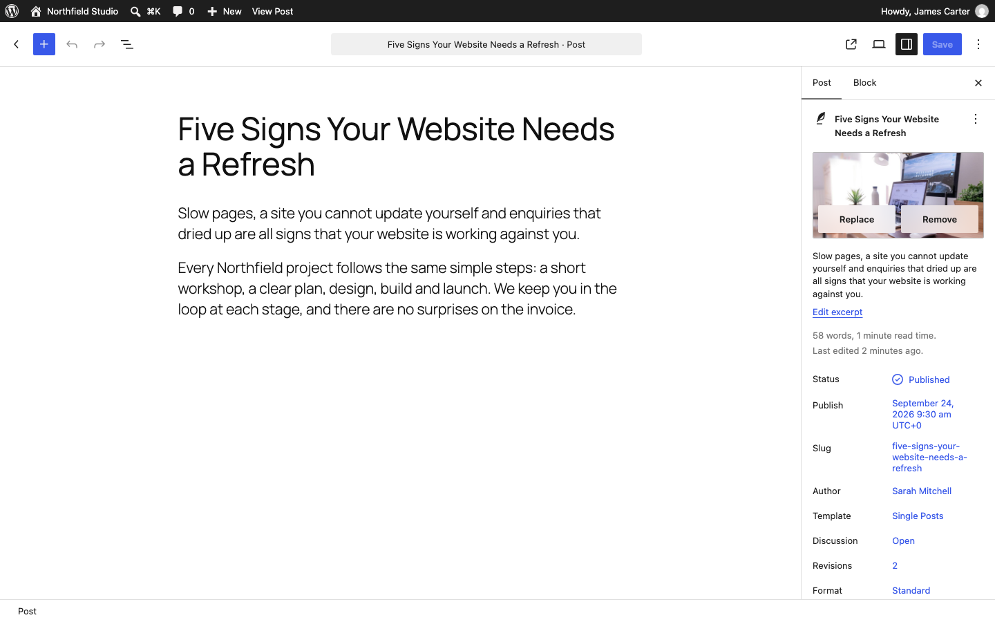 The featured image in the block editor's Post settings with Replace and Remove buttons