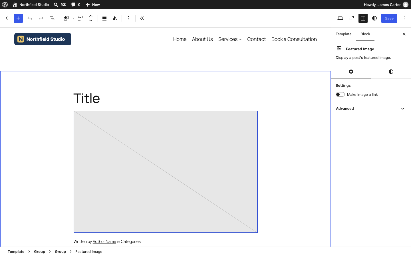 The Featured Image block selected in the Single Posts template