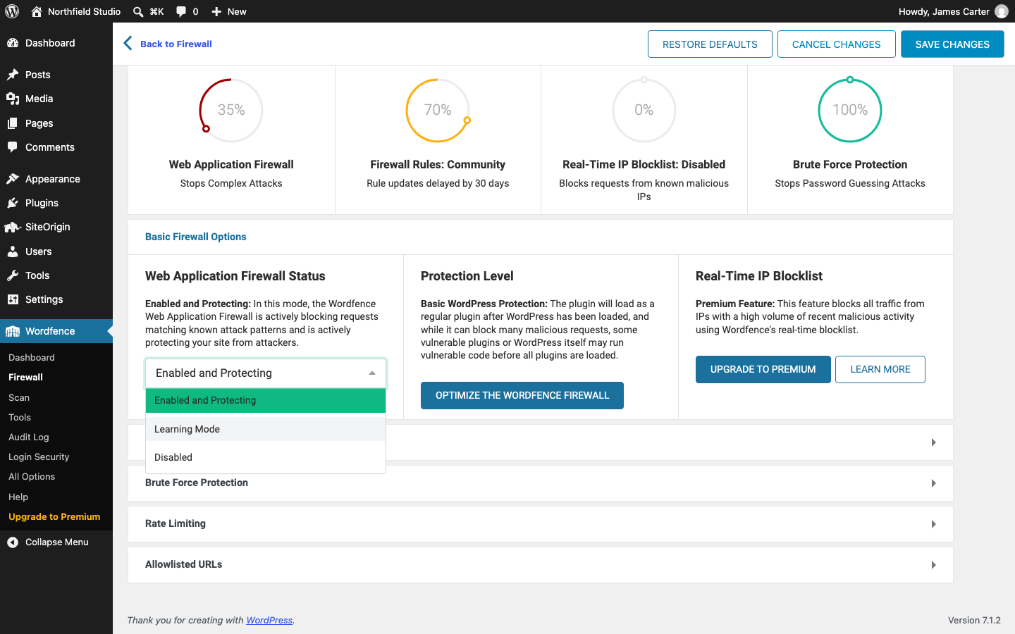 The Web Application Firewall Status menu in Wordfence with Learning Mode and Enabled and Protecting