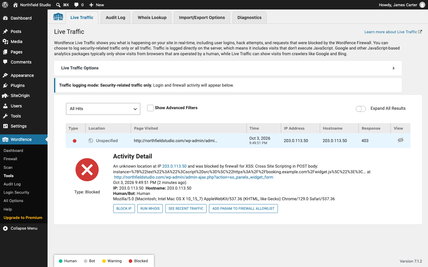 A blocked request in Wordfence Live Traffic with the Add Param to Firewall Allowlist button