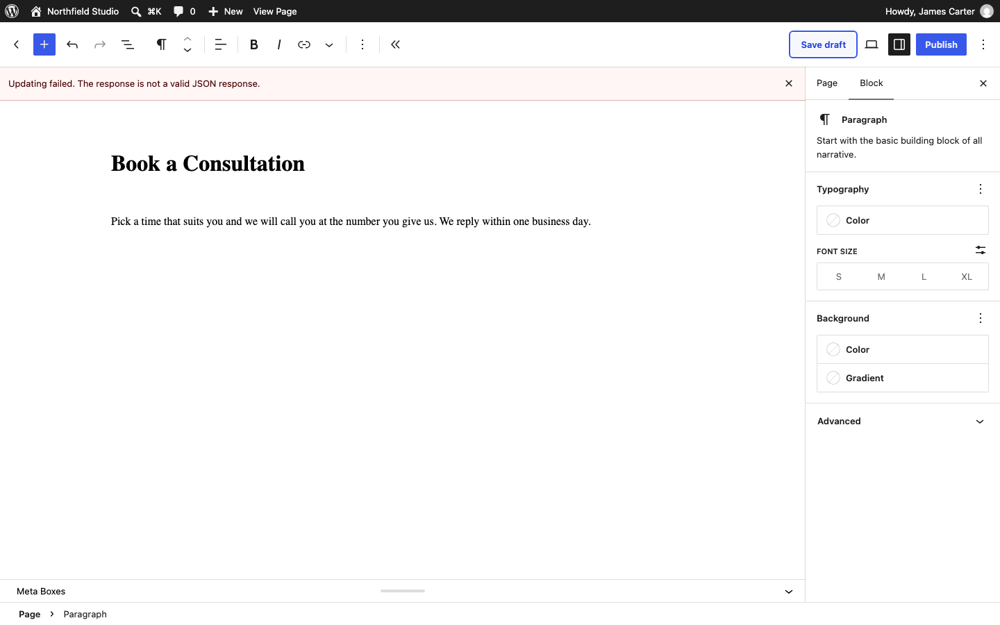 The block editor showing Updating failed. The response is not a valid JSON response.