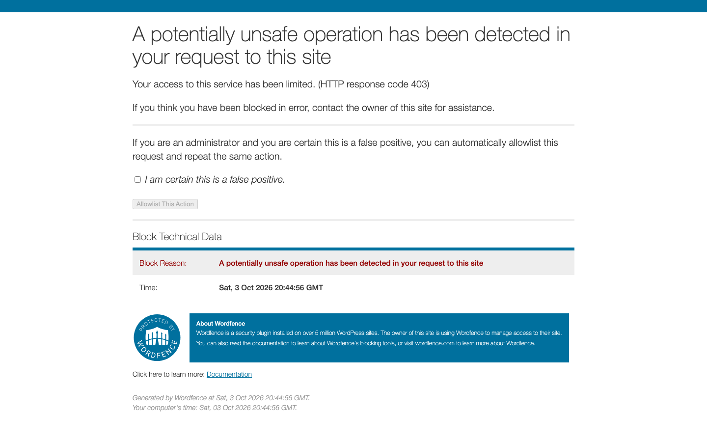 The Wordfence block page with the false positive checkbox and the Allowlist This Action button