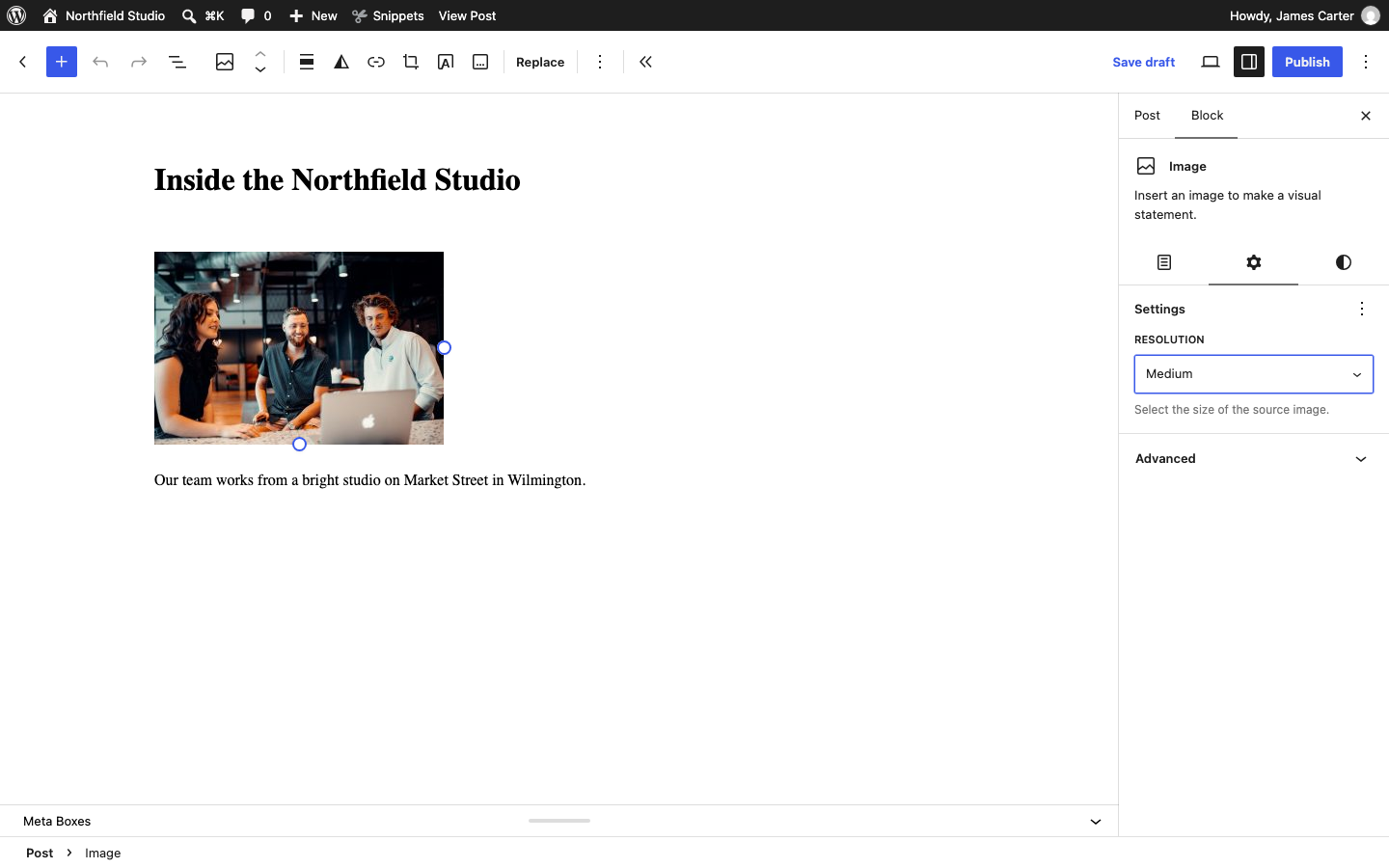An Image block selected with the Resolution setting in the block sidebar