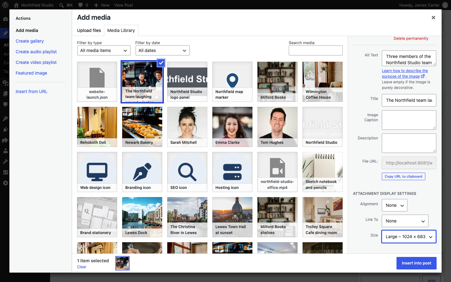 The Add Media window with Size set to Large under Attachment Display Settings