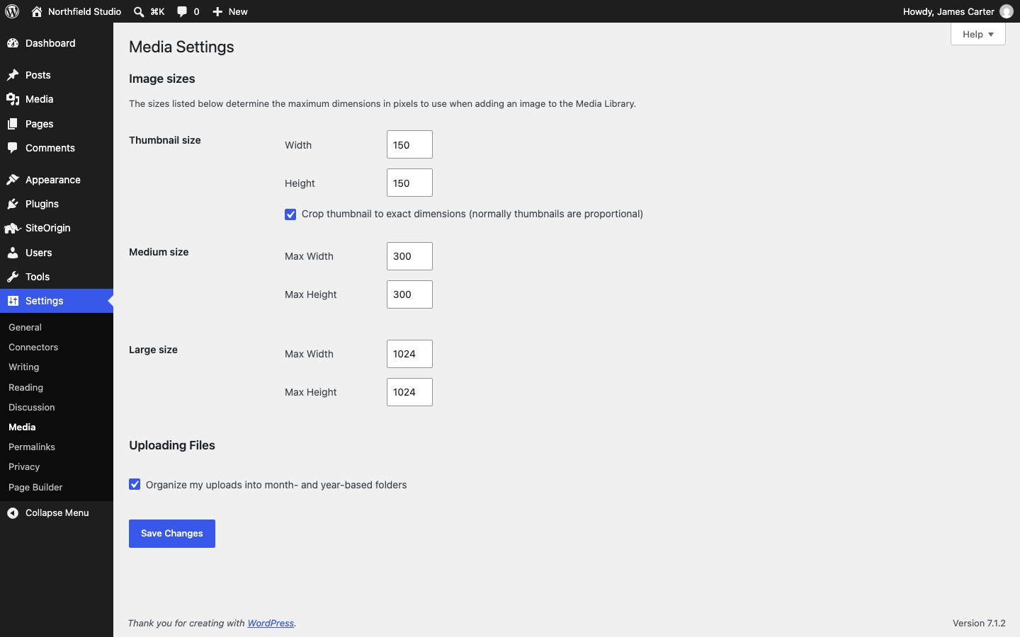 The Media Settings screen with the Thumbnail, Medium and Large size fields