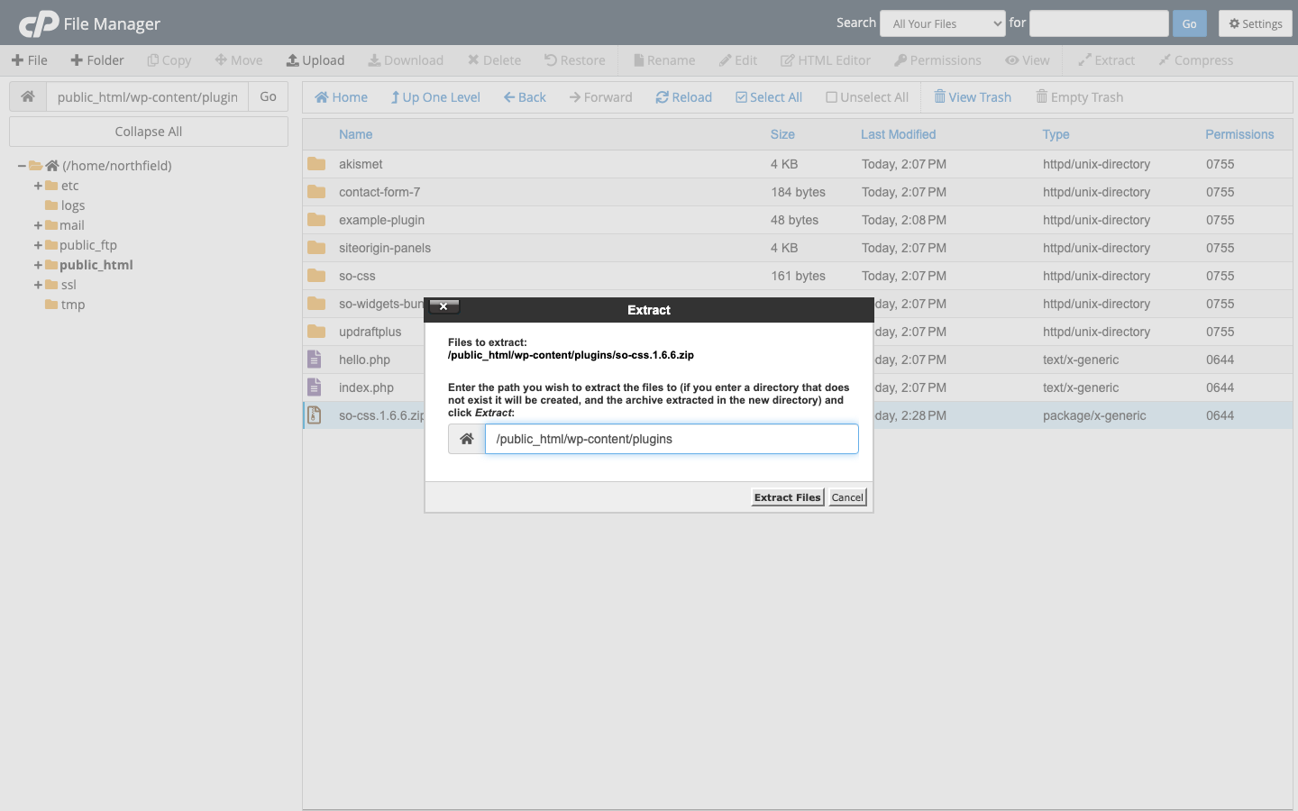 The Extract dialog for an uploaded plugin zip in cPanel File Manager, set to extract into wp-content/plugins
