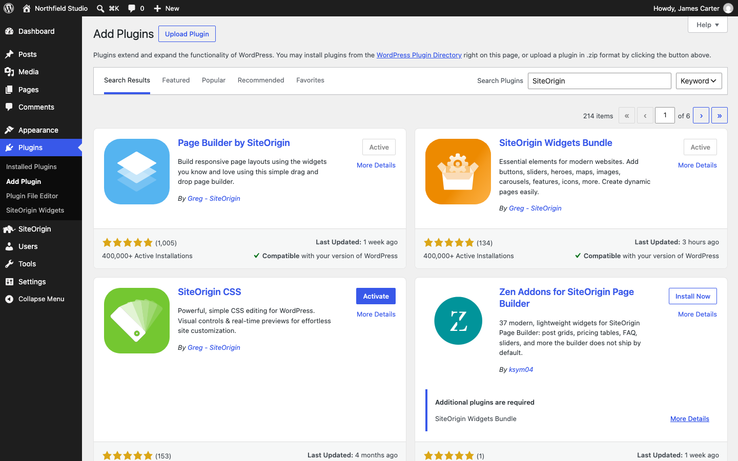 Plugin search results for SiteOrigin in Add Plugins