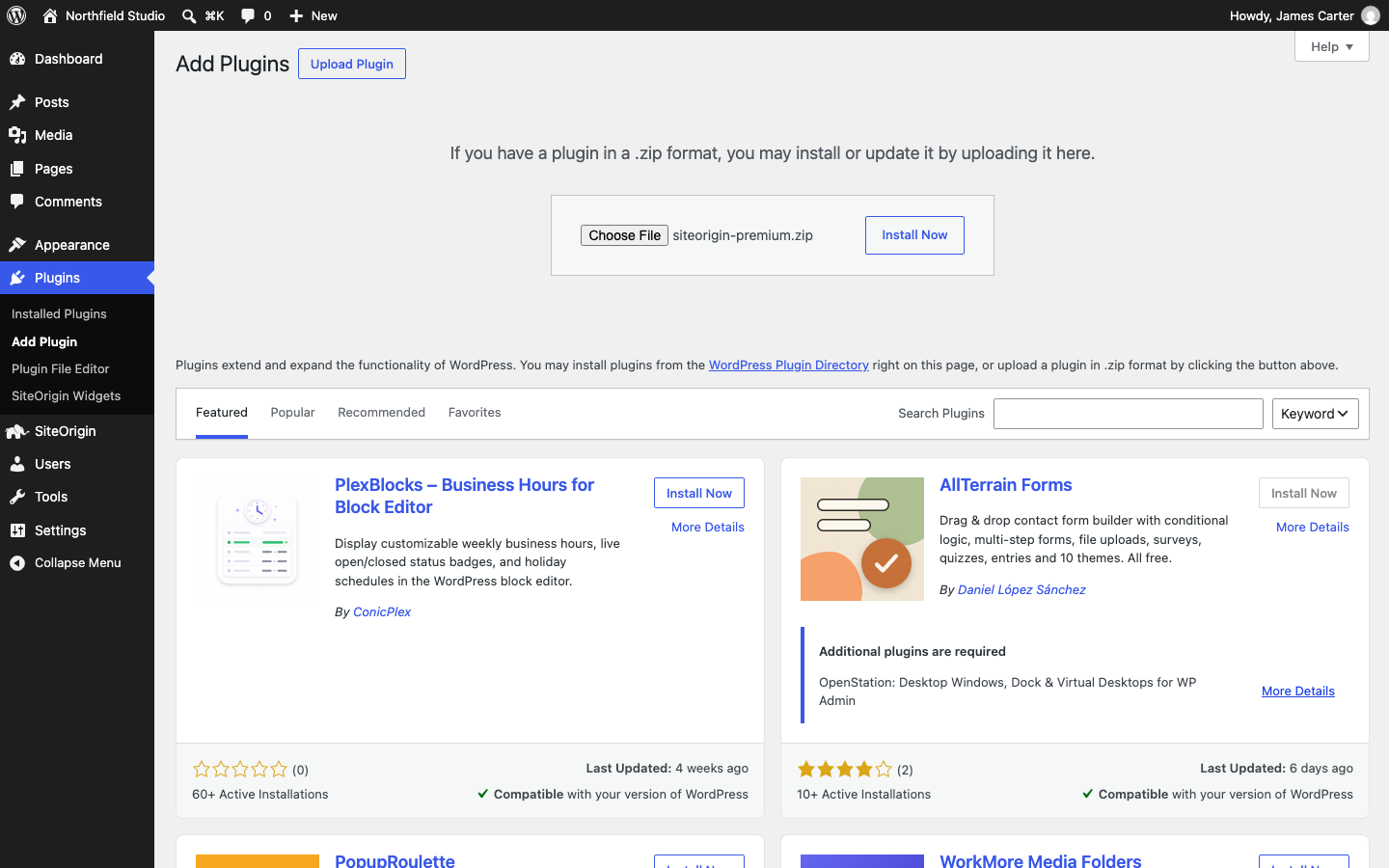The Upload Plugin panel with a zip file selected