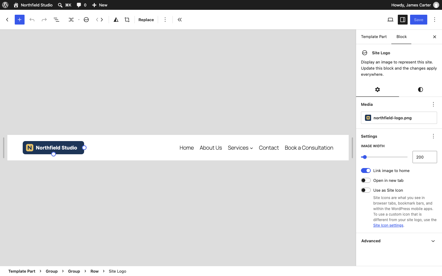 The Site Logo block selected in the Site Editor with its settings
