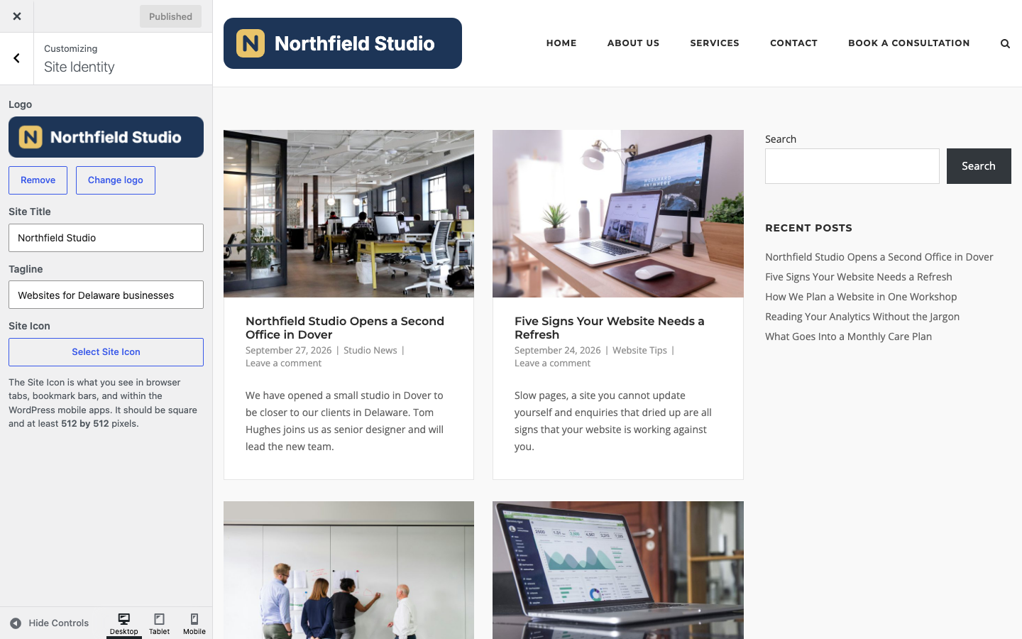 The Site Identity section of the Customizer with a logo set