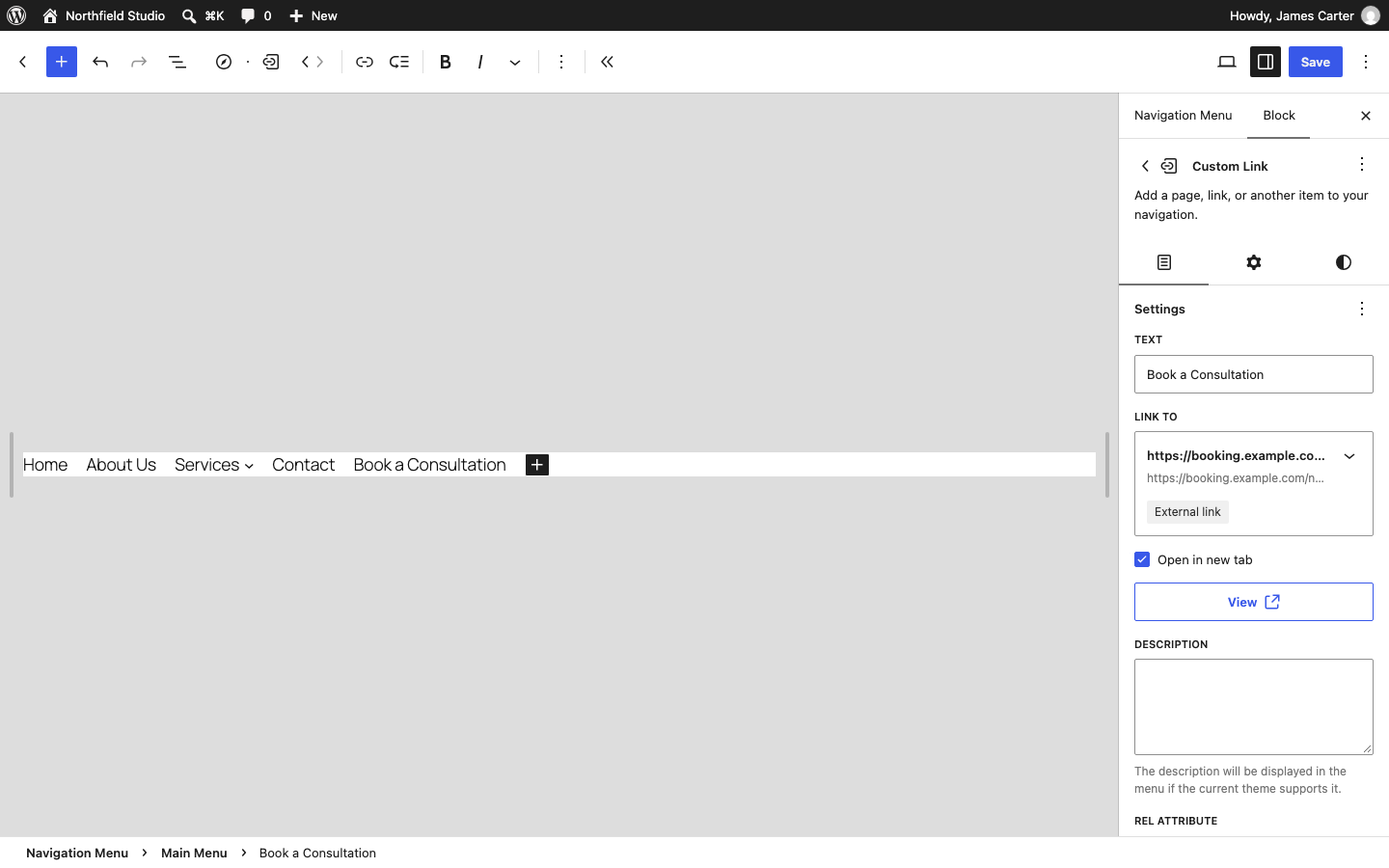 A Custom Link in the Navigation block with Open in new tab checked