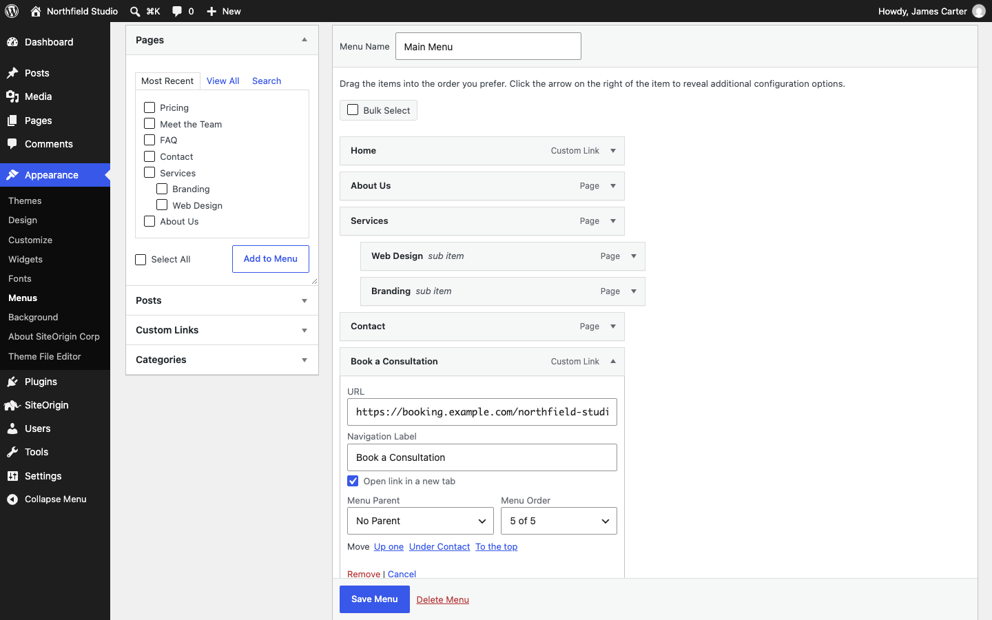 A menu item's settings with Open link in a new tab checked