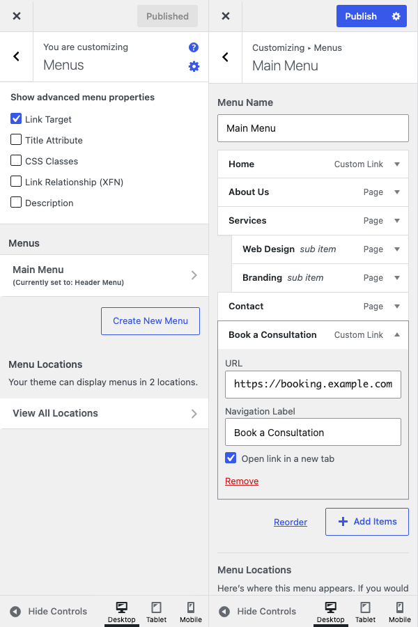 Link Target turned on in the Customizer Menu Options, and a menu item set to open in a new tab