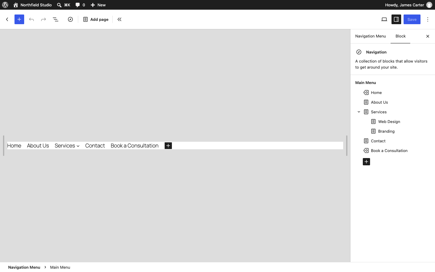 Editing a Navigation menu in the Site Editor with the Services submenu open