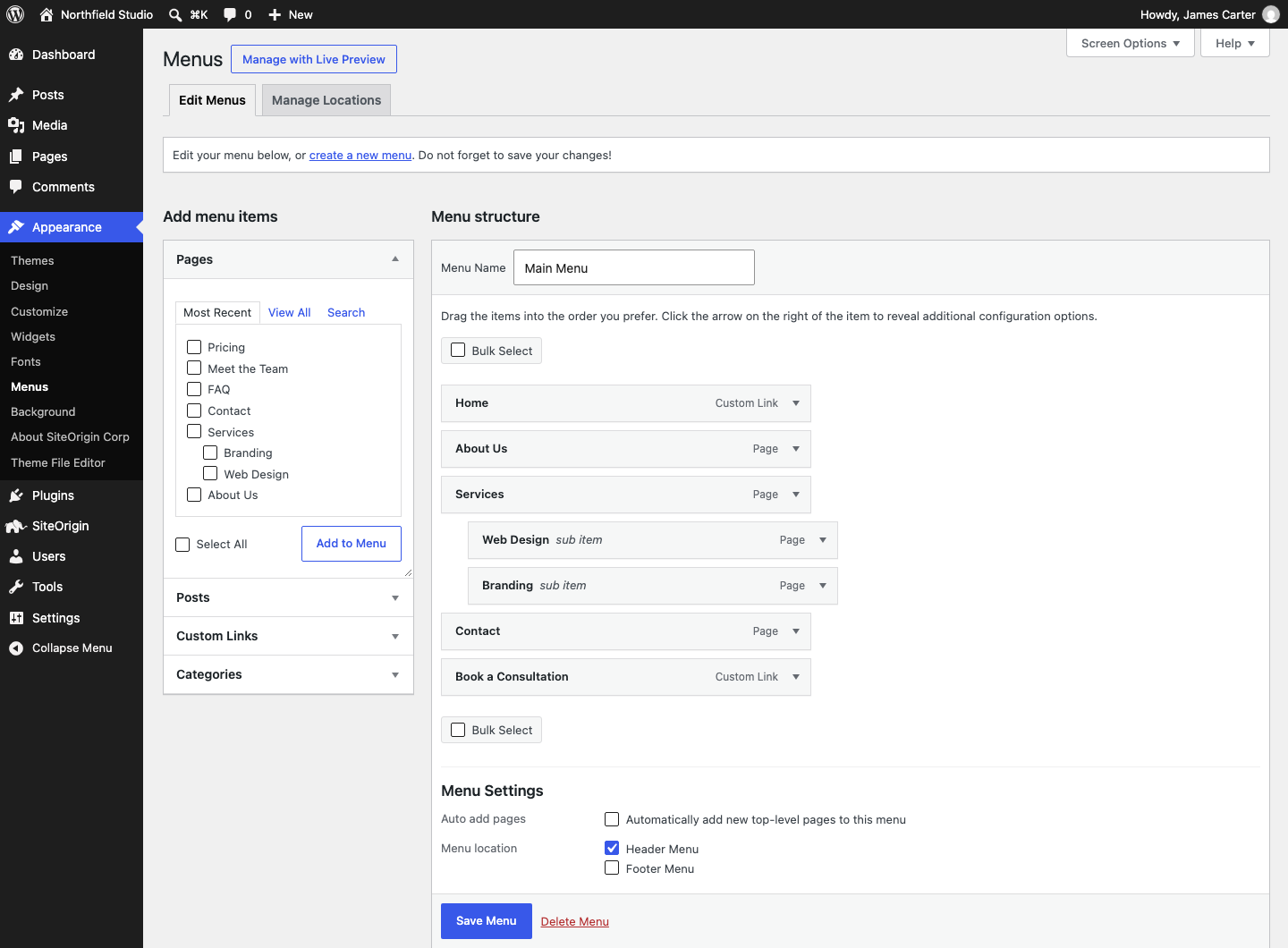 The Menus screen with a Main Menu, a Services drop-down and the Header Menu location checked