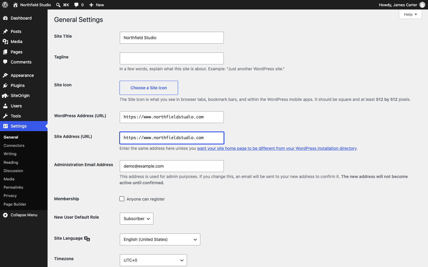 The General Settings screen with the new WordPress Address and Site Address