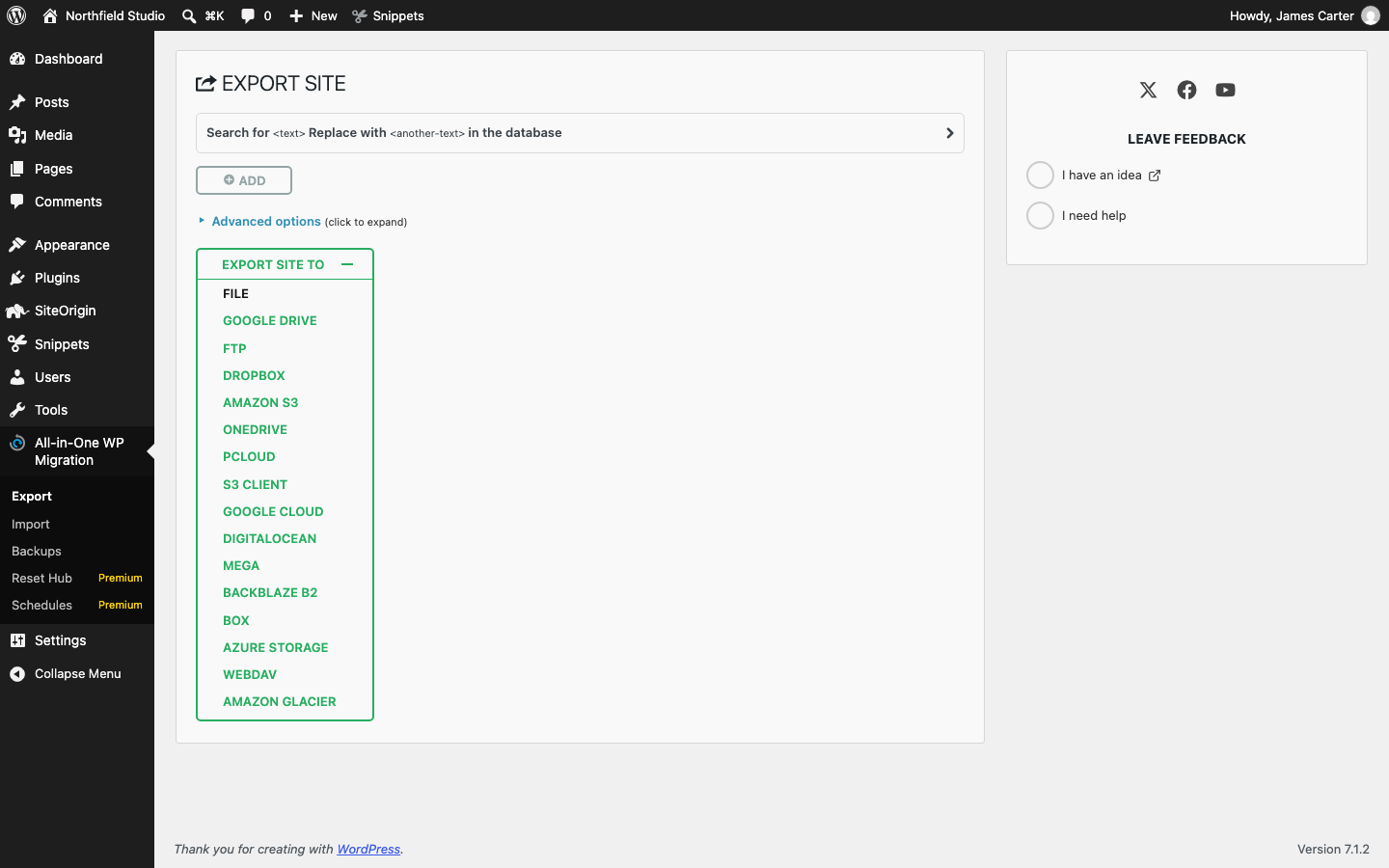 The All-in-One WP Migration export screen with the Export Site To menu open