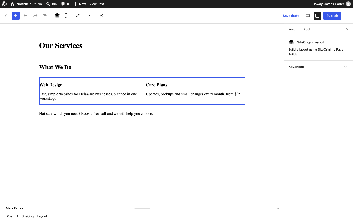 A SiteOrigin Layout Block between a Heading and a Paragraph in the block editor