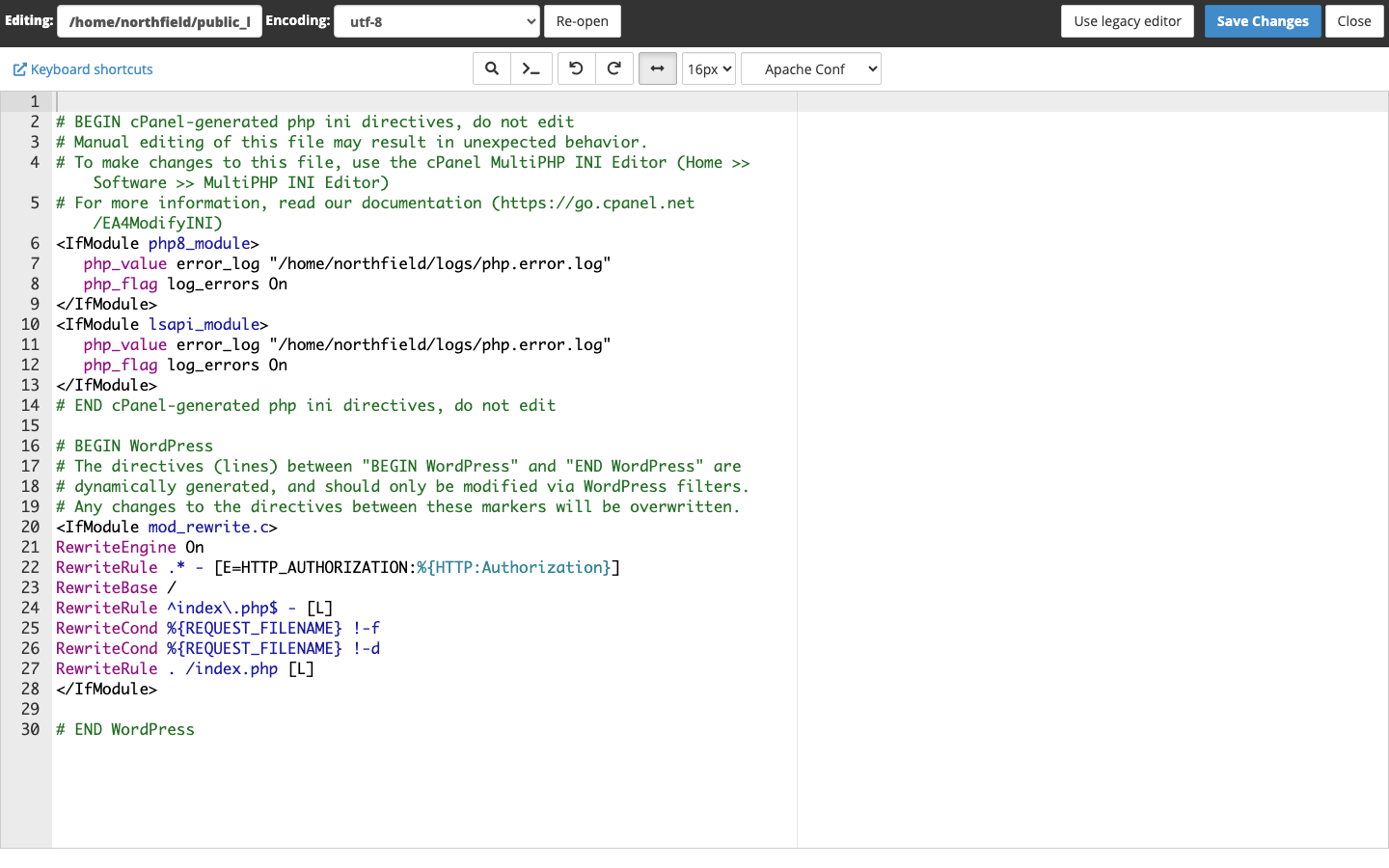 The .htaccess file in the cPanel file editor with the WordPress rewrite rules
