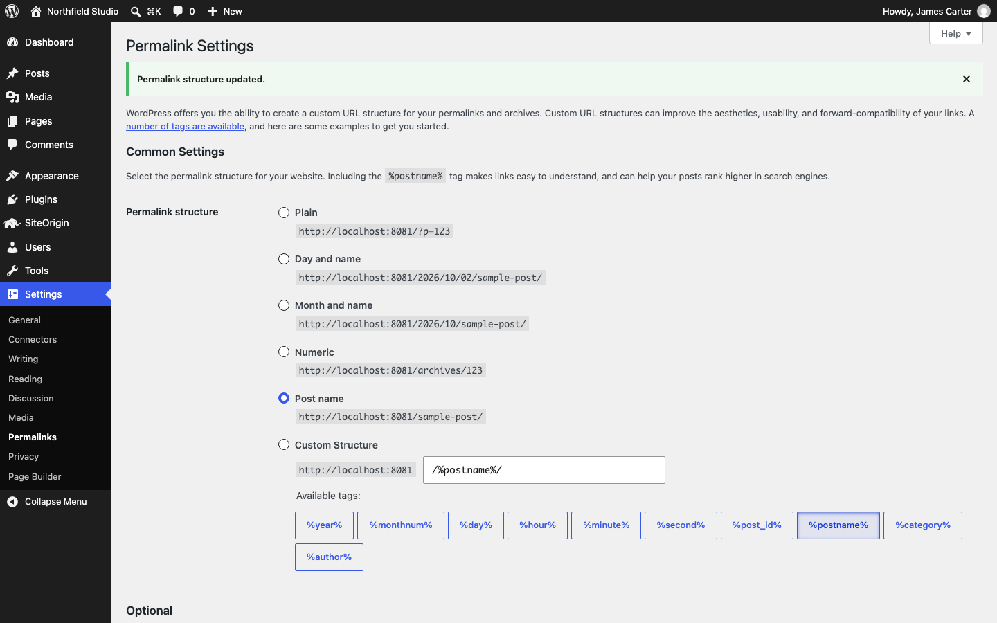 Permalink Settings after saving, with the Permalink structure updated notice