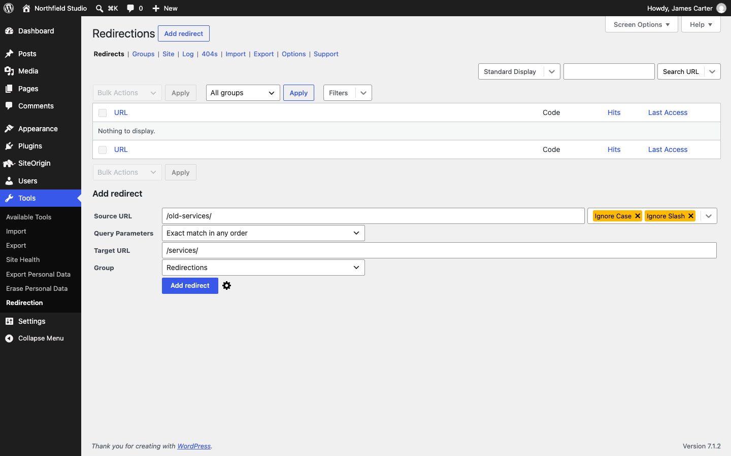 The Redirection plugin's Add redirect form with an old and a new address