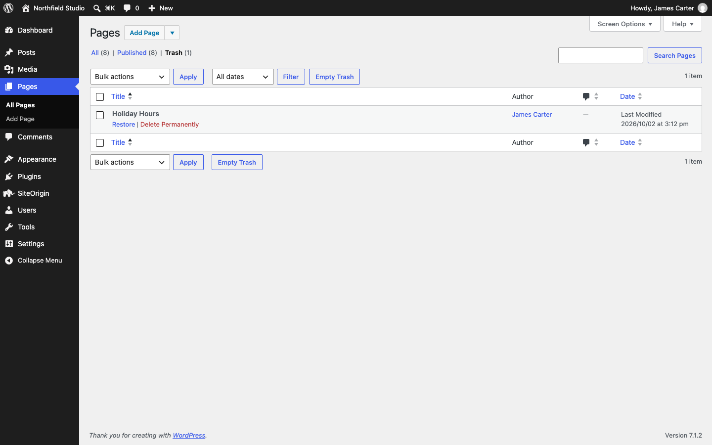 A trashed page with the Restore link