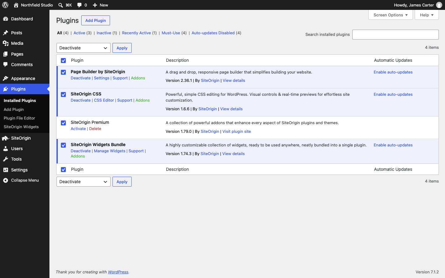 All plugins selected with Deactivate chosen in Bulk actions