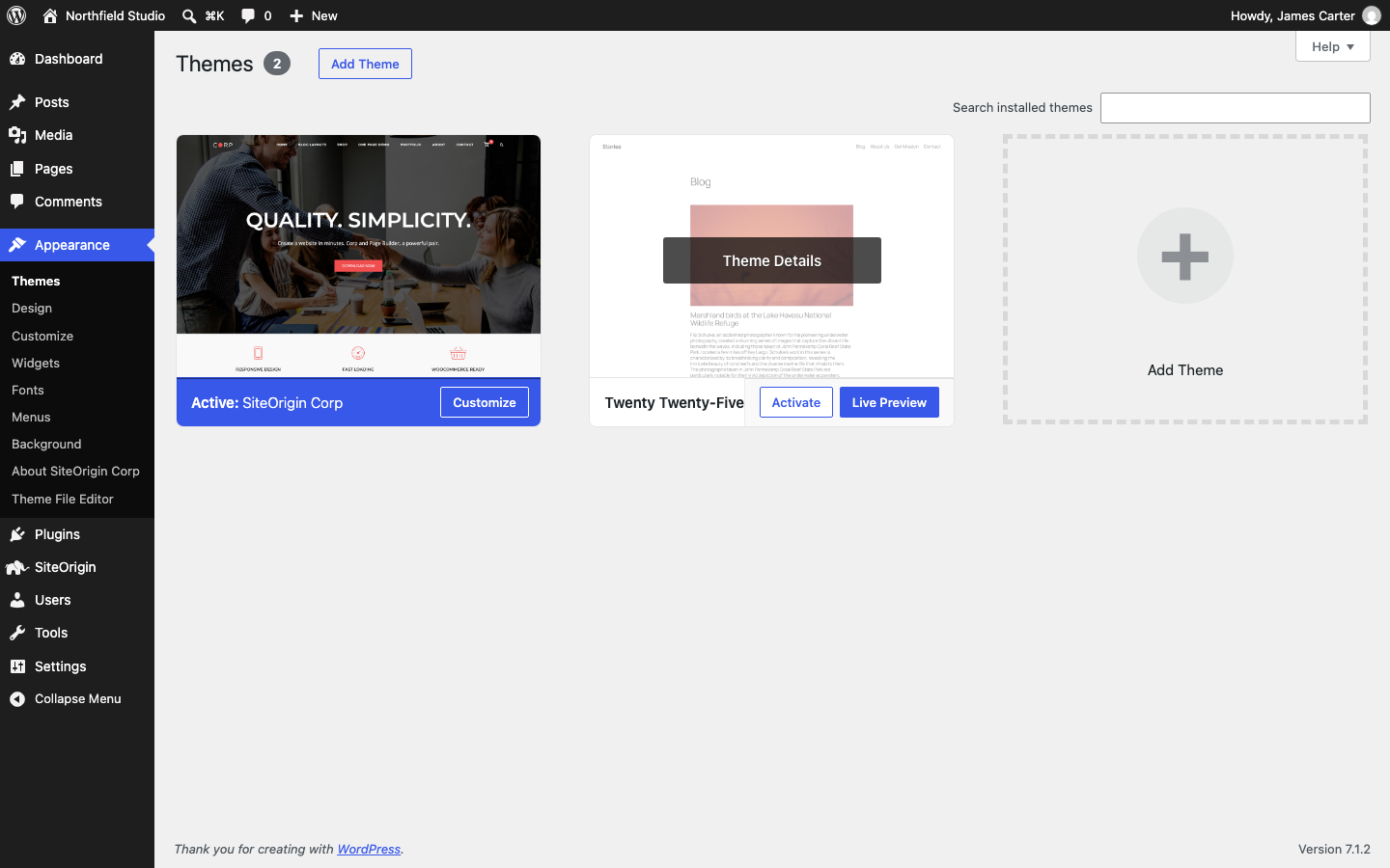 Twenty Twenty-Five on the Themes screen with the Activate button