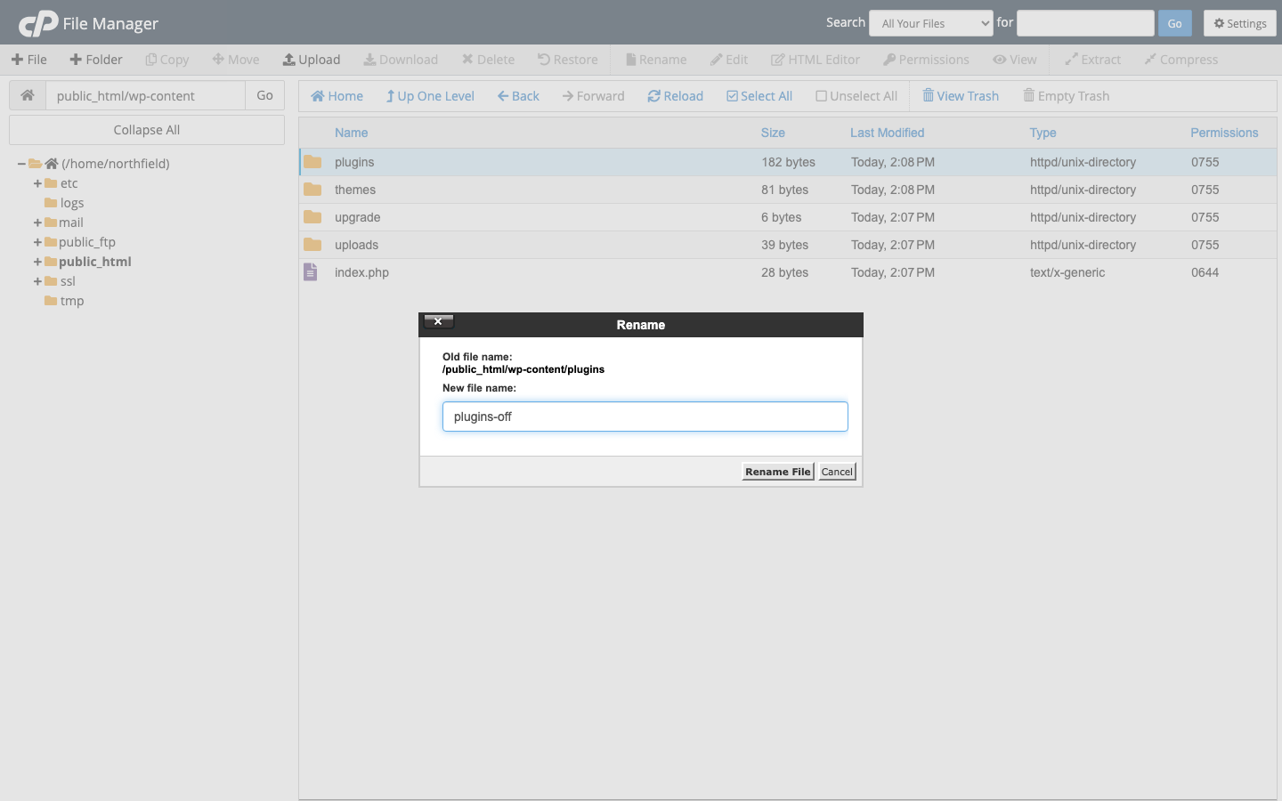 Renaming the plugins folder to plugins-off in cPanel File Manager
