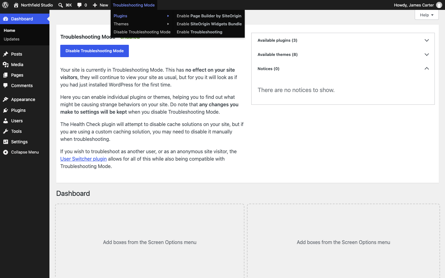 The Troubleshooting Mode menu in the admin bar listing plugins to enable one at a time