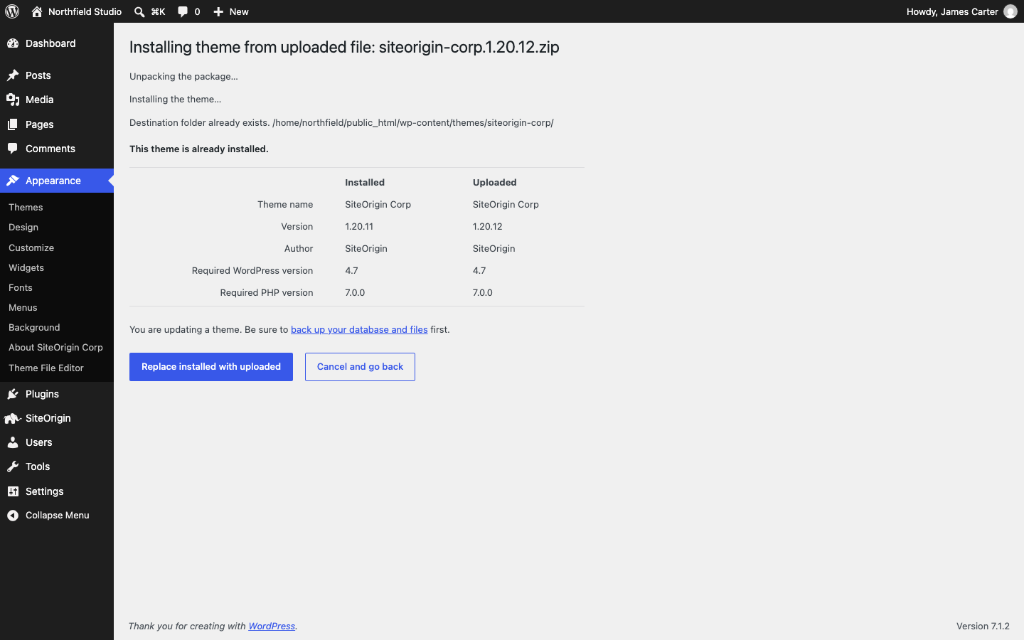 The comparison of installed and uploaded theme versions with the Replace installed with uploaded button