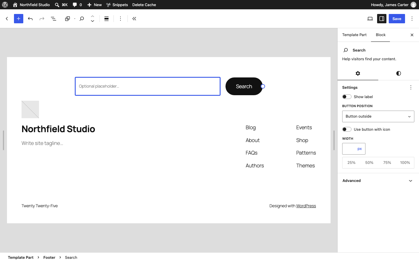 The Footer template part in the Site Editor with a Search block added