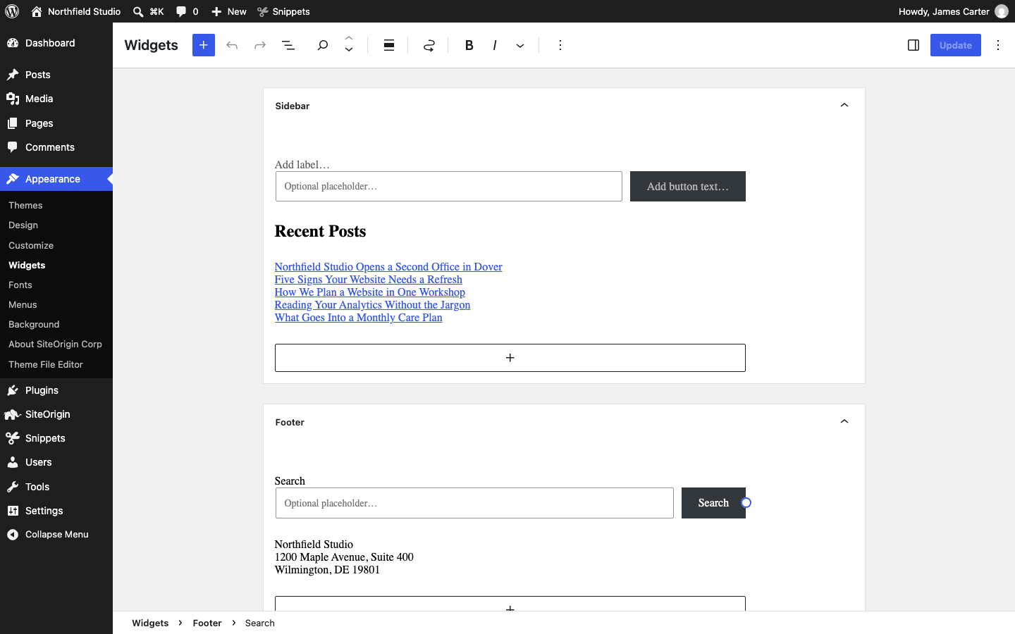 The block widgets screen with a Search block and an address in the Footer area