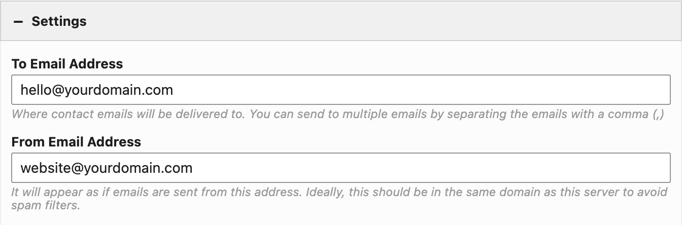 The Contact Form Widget Settings section with the To Email Address and From Email Address fields