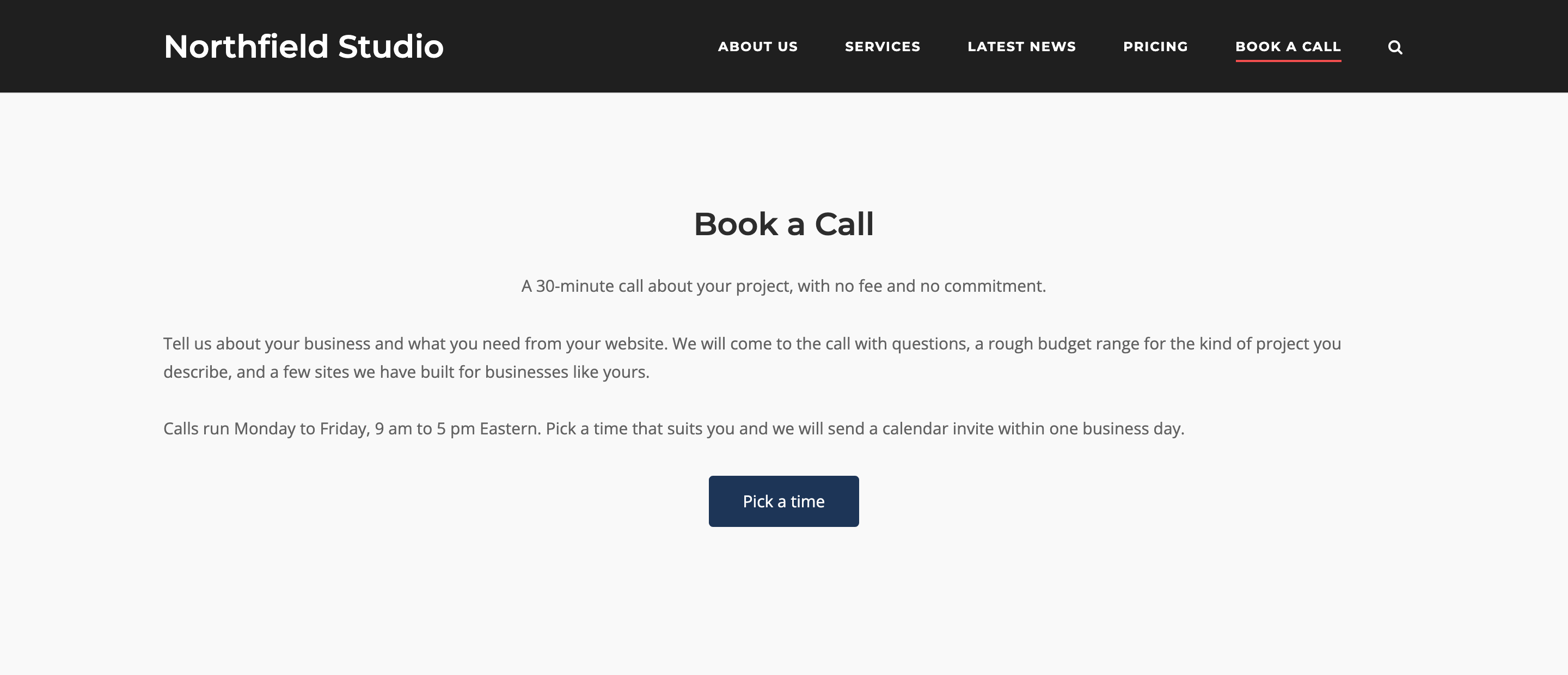 The Book a Call page on the Corp theme with a dark header and white menu links