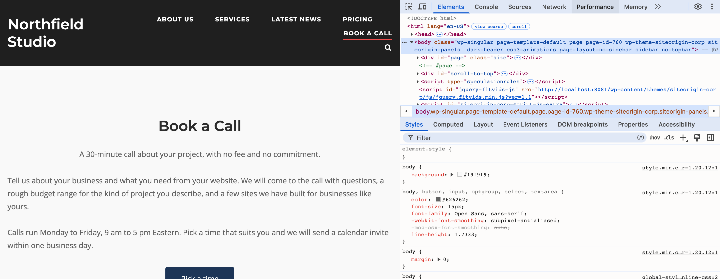 The Book a Call page next to Chrome's Elements panel, with the body tag selected and dark-header among its classes