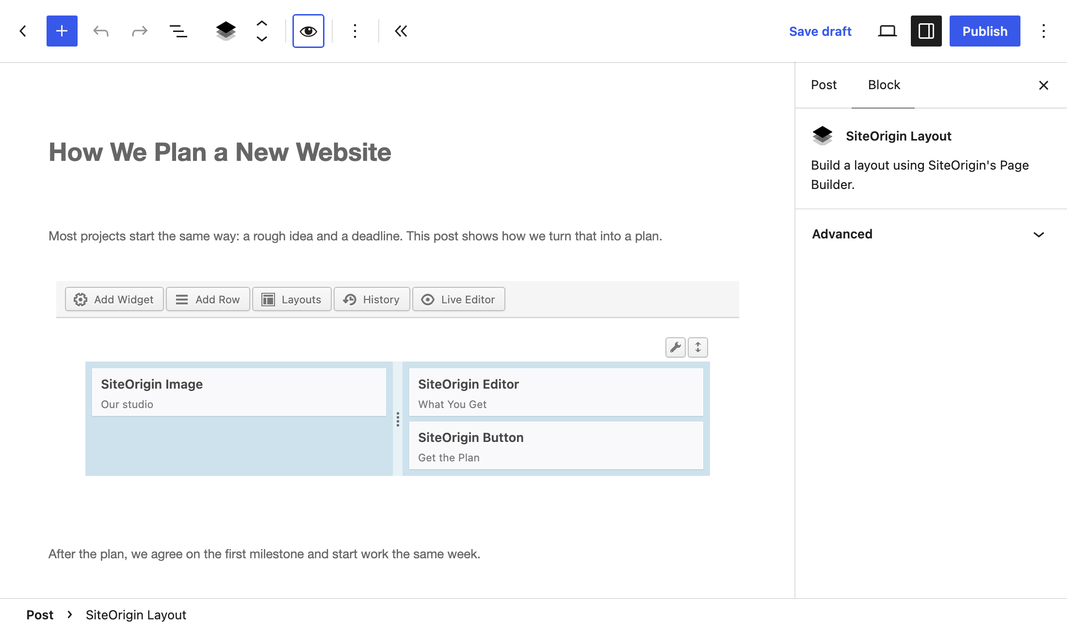 A SiteOrigin Layout block selected in the Block Editor, in edit mode, between two paragraphs, with the block settings sidebar open