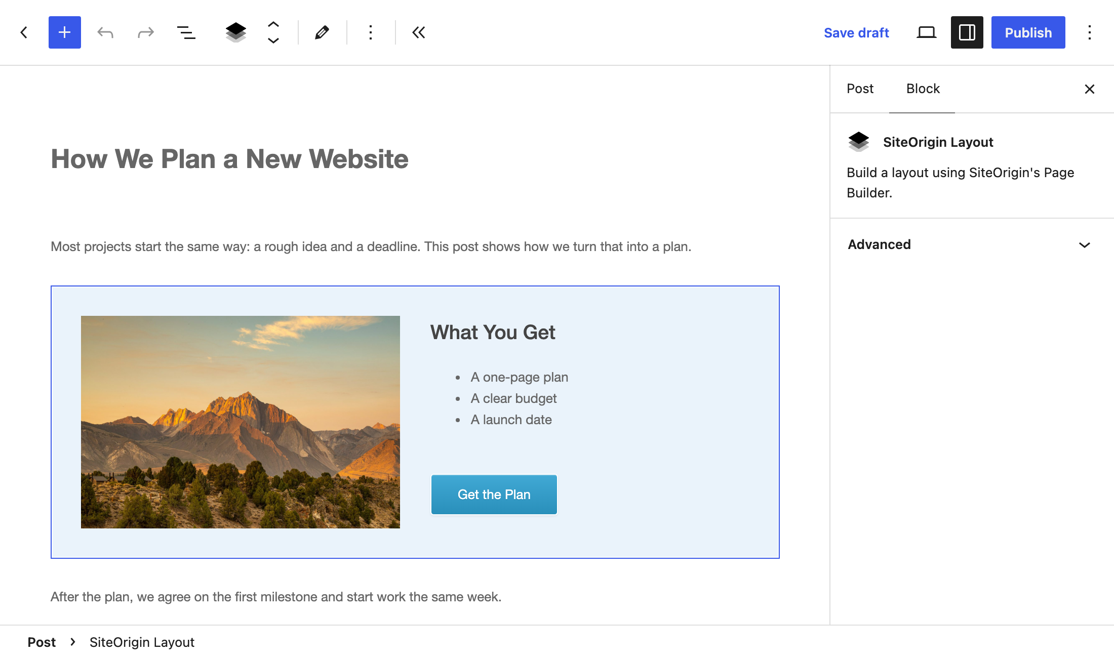 The same SiteOrigin Layout block in preview mode in the Block Editor, showing an image, a list and a button on a colored background