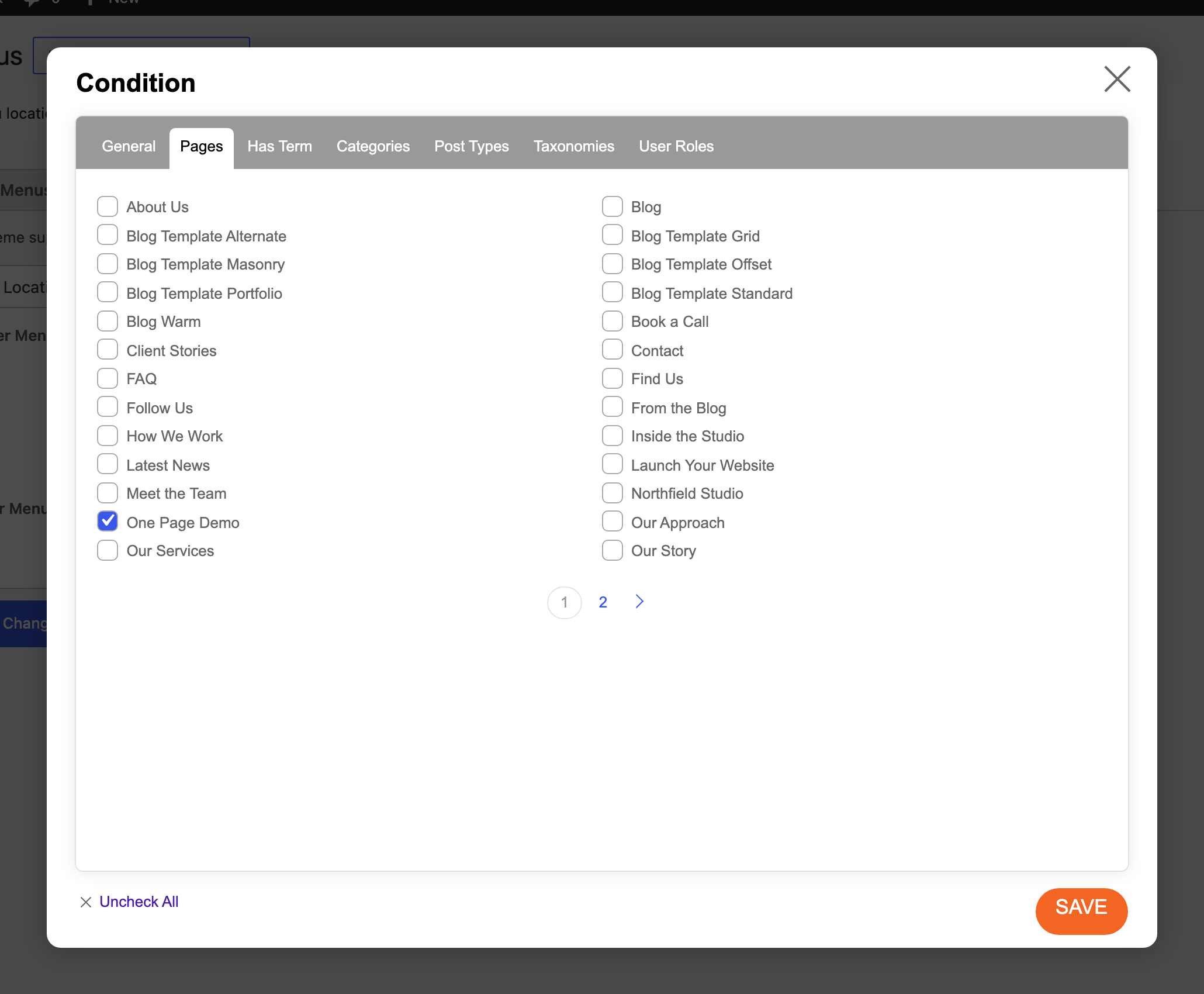 The Condition dialog with the One Page Demo page ticked on the Pages tab