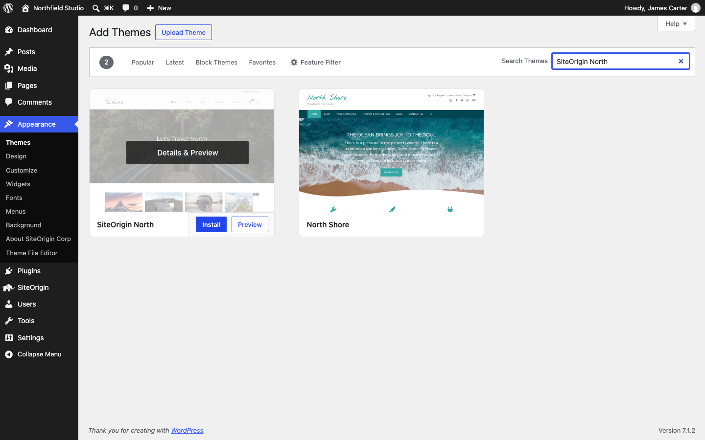 The Add Themes screen with SiteOrigin North in the search results and its Install button