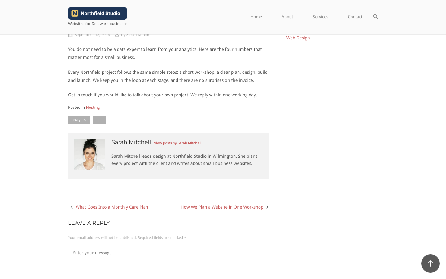The author box below a post with Sarah Mitchell's photo, name and short bio