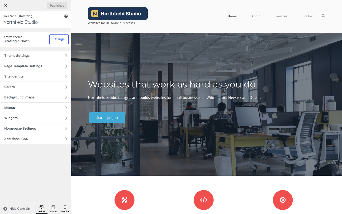 The Customizer with the Theme Settings and Page Template Settings panels above the WordPress panels