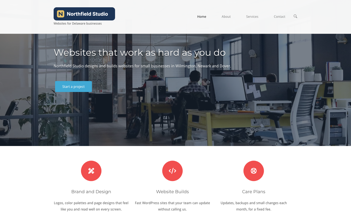 The Northfield Studio home page in SiteOrigin North with a full width hero