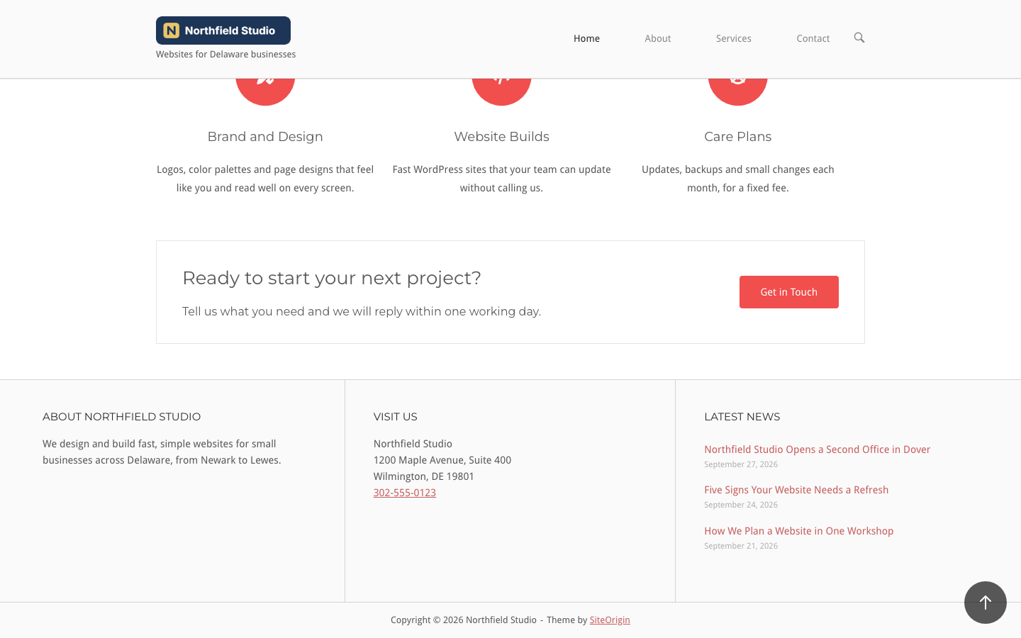 The site footer with three widget columns above the copyright bar