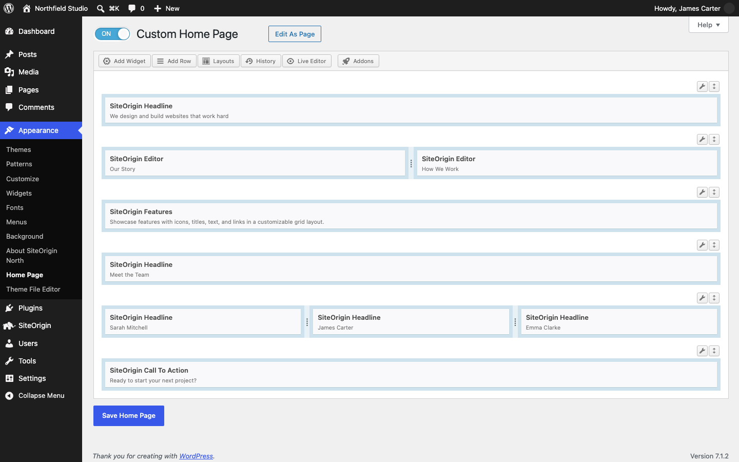 The Custom Home Page screen switched on with a layout in the builder