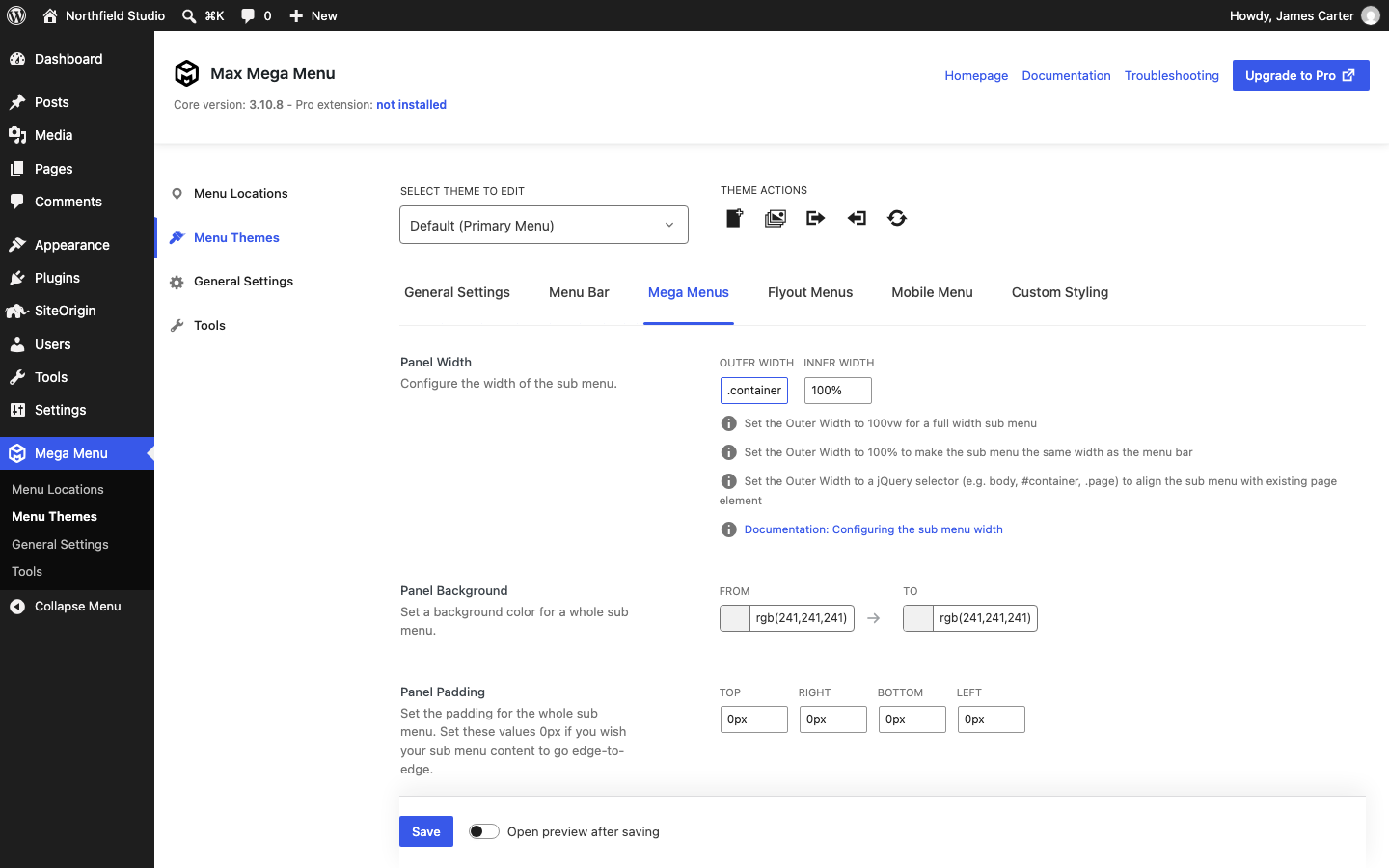 Max Mega Menu theme settings with the Outer Width set to .container