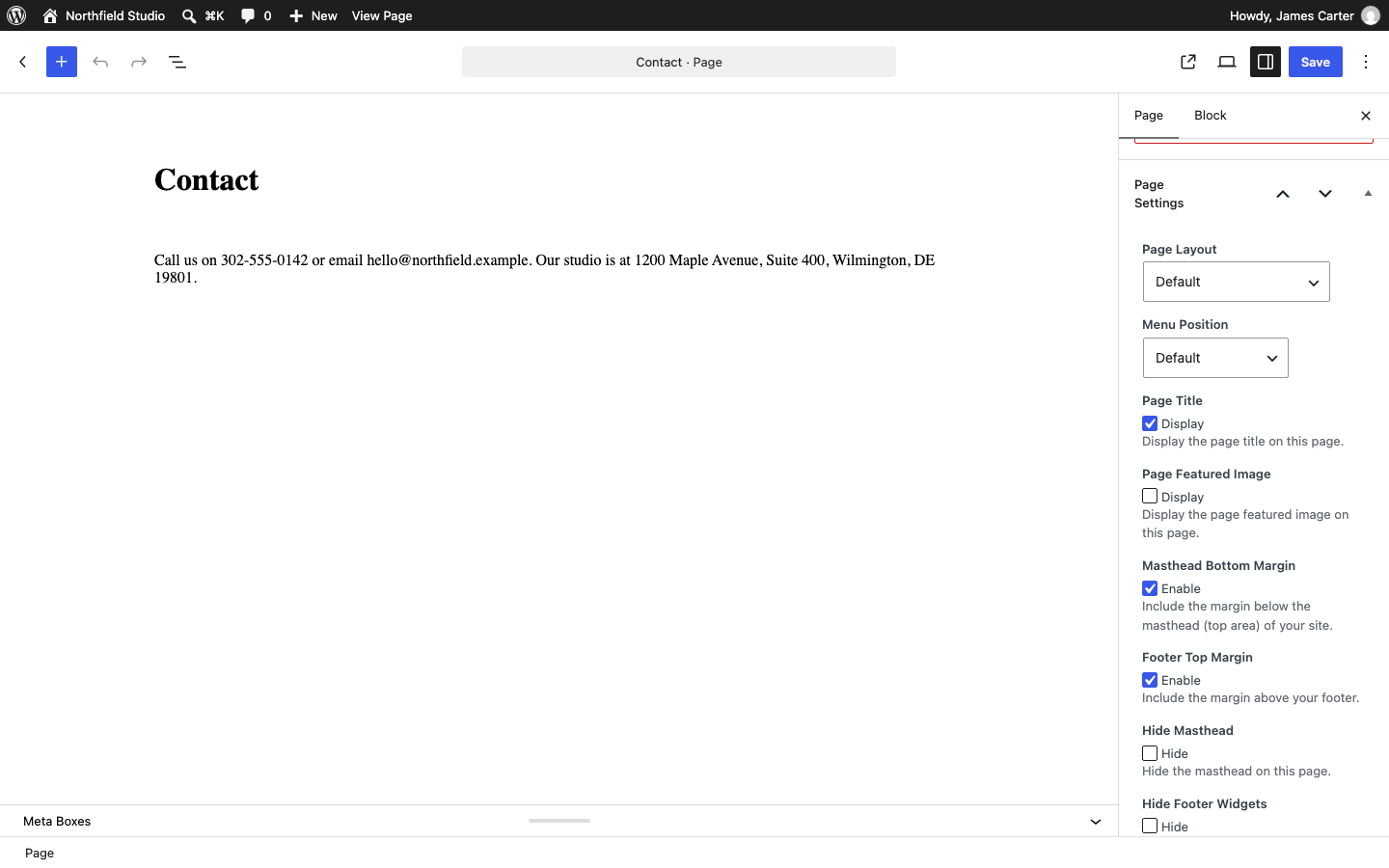 The Page Settings panel in the Block Editor sidebar