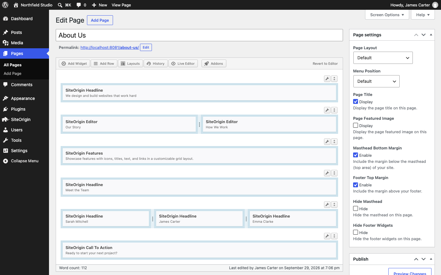 The Page settings box beside a Page Builder layout in the Classic Editor