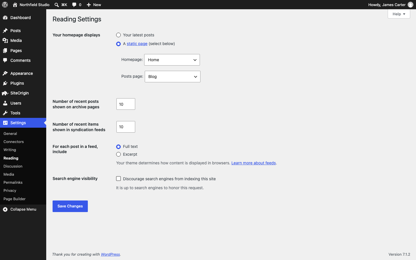 Reading Settings with Home as the homepage and Blog as the posts page